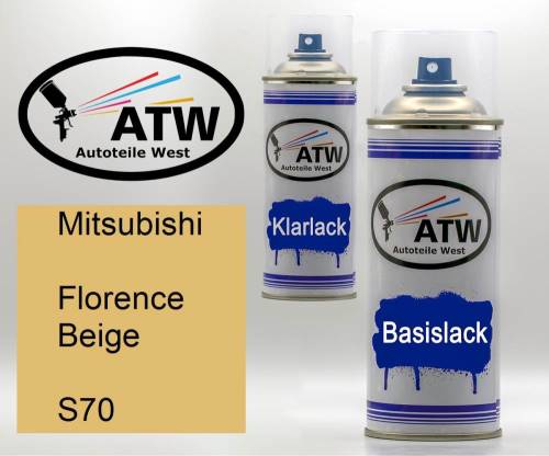 Mitsubishi, Florence Beige, S70: 400ml Sprühdose + 400ml Klarlack - Set, von ATW Autoteile West.